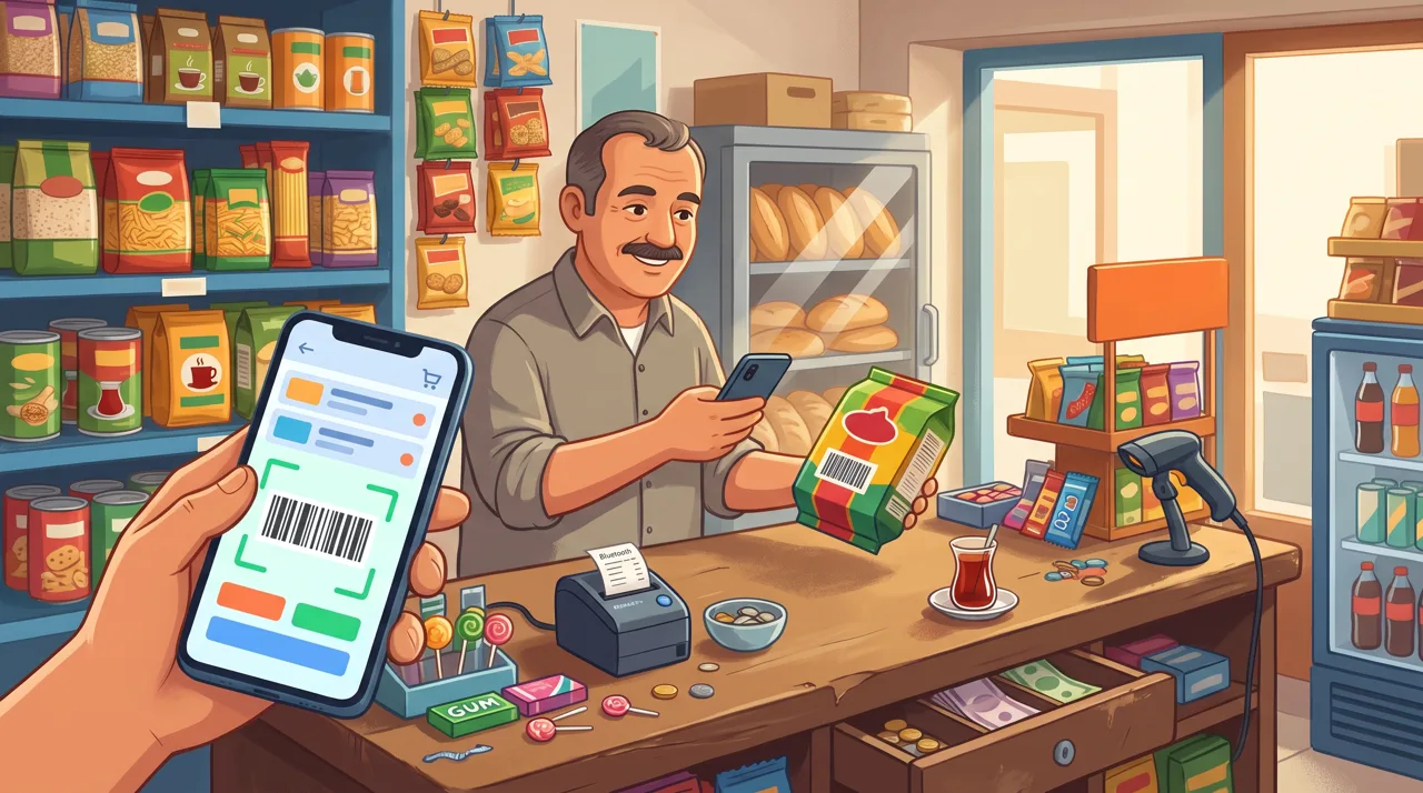 Bakkalda telefon kamerasıyla ürün barkodu okutarak satış.