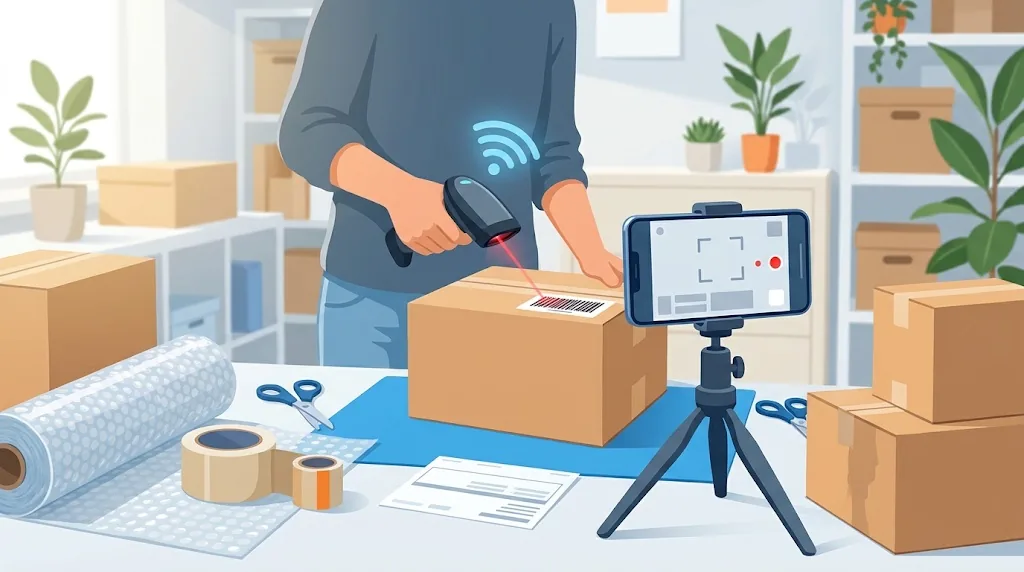 Harici barkod okuyucuyla kayıt: telefon tripodda paketleme masasını kaydeder.
