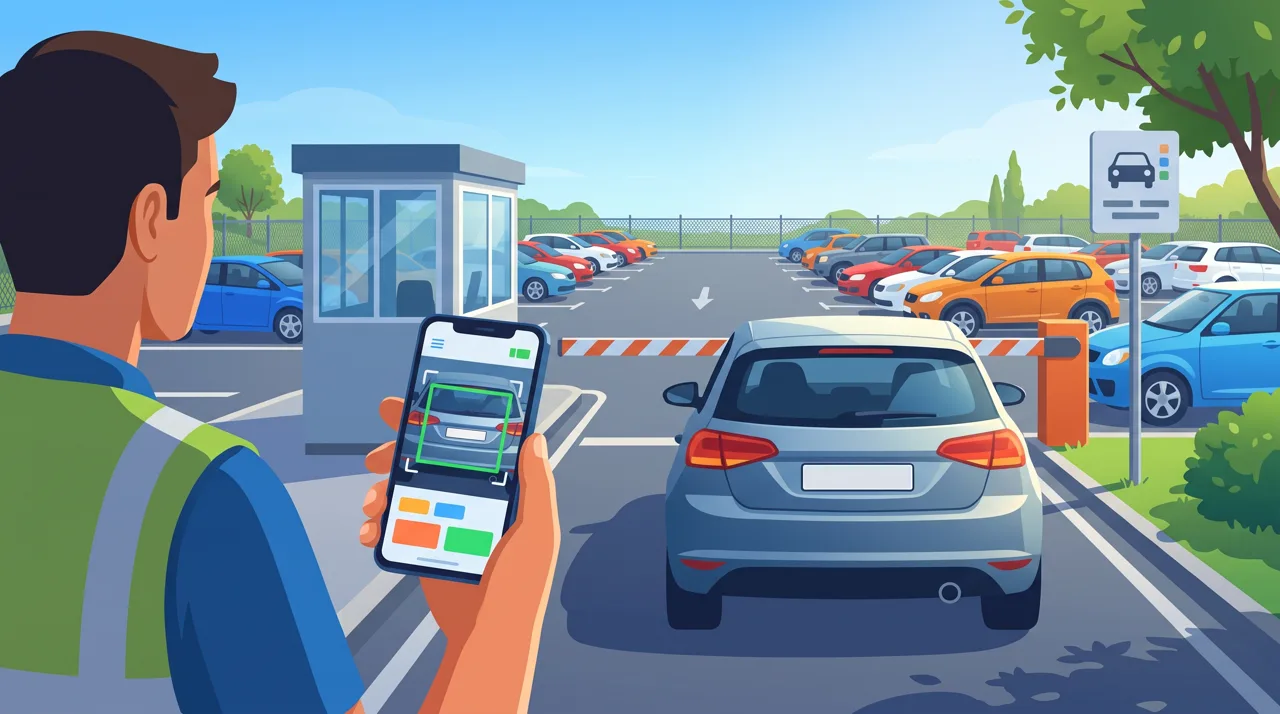 Otopark girişinde telefon kamerasıyla plaka okutan görevli.